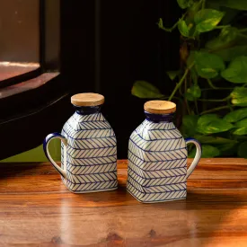 'Indigo Chevron' Handpainted Ceramic Milk & Water Jugs (Non-airtight, Set of 2, 480 ML, Microwave Safe)