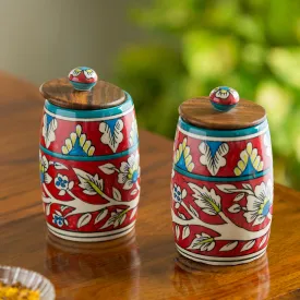 'Mughal Drum Duo' Floral Handpainted Multi Utility Storage Jars & Containers In Ceramic (Non-Airtight, Set of 2, 570 ML, 6.1 Inch)