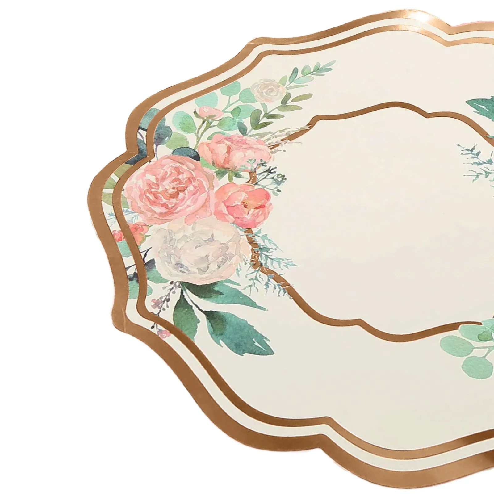 10 Pack White Rose Gold Cardboard Paper Placemats with Peony Flowers Print, 13" Floral Disposable Table Mats with Foil Scalloped Rim