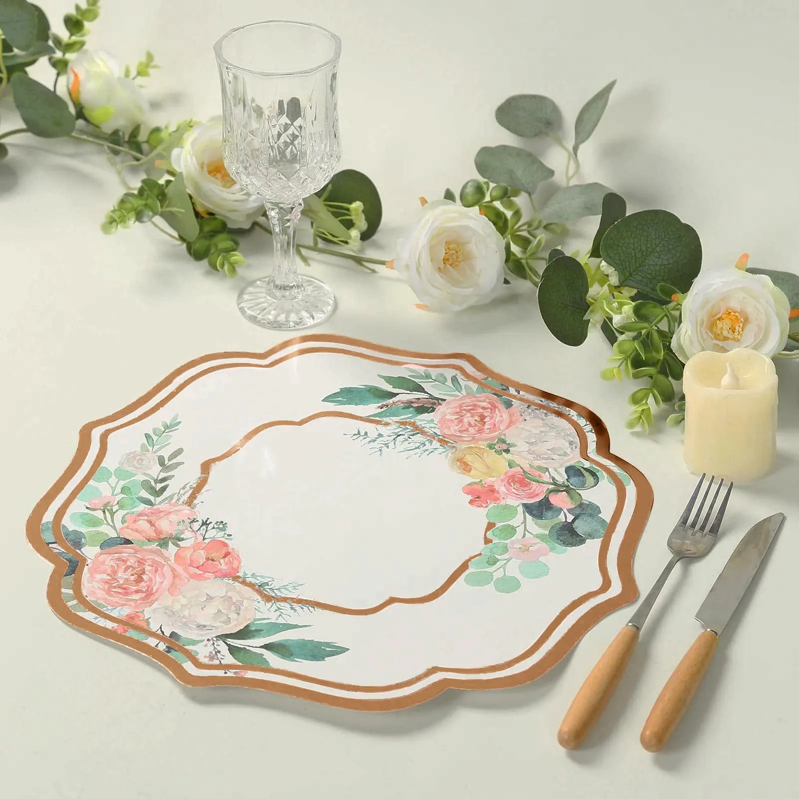 10 Pack White Rose Gold Cardboard Paper Placemats with Peony Flowers Print, 13" Floral Disposable Table Mats with Foil Scalloped Rim