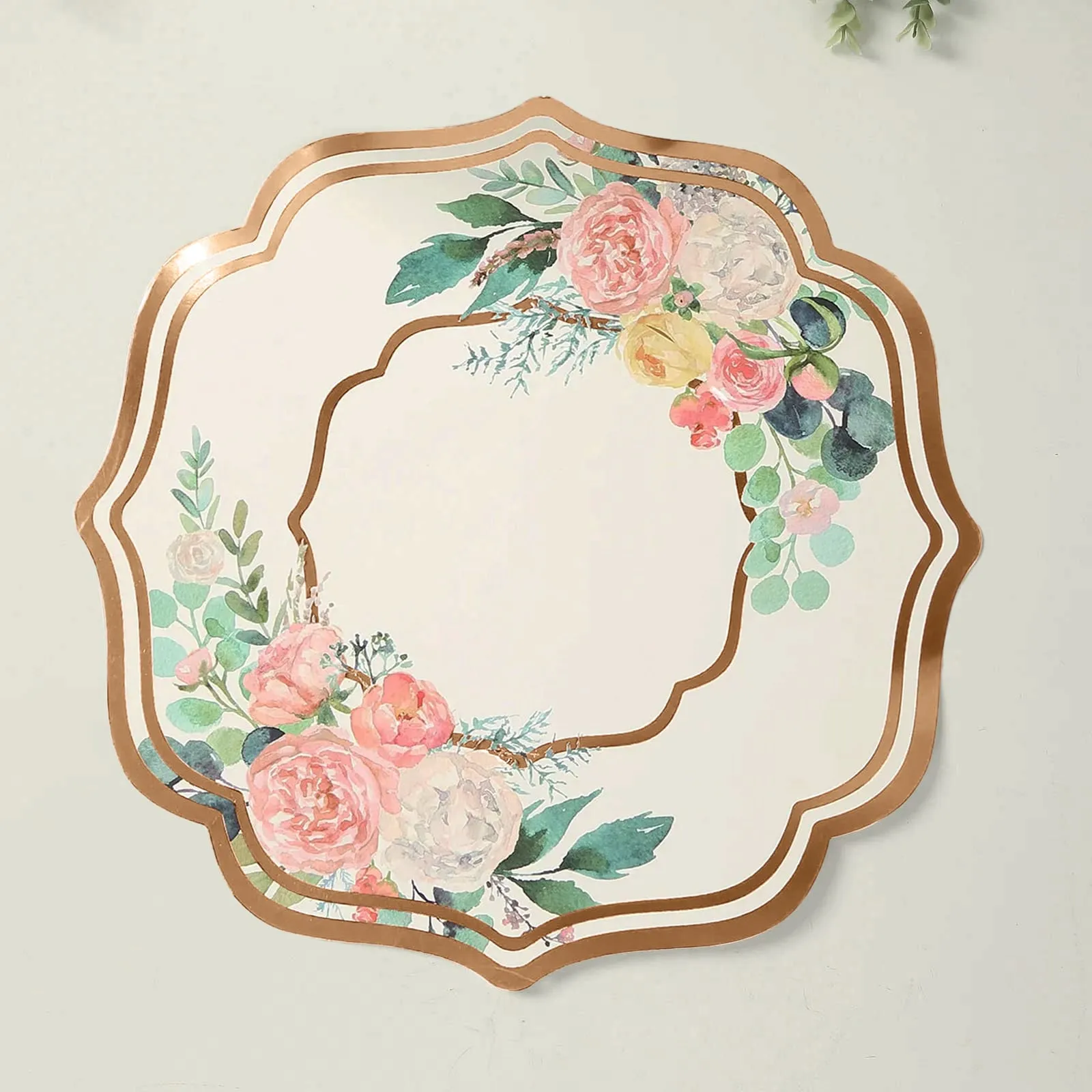 10 Pack White Rose Gold Cardboard Paper Placemats with Peony Flowers Print, 13" Floral Disposable Table Mats with Foil Scalloped Rim