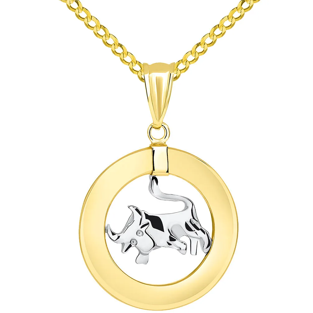 14k Two Tone Gold Open Circle Taurus Zodiac Sign Pendant Cuban Necklace