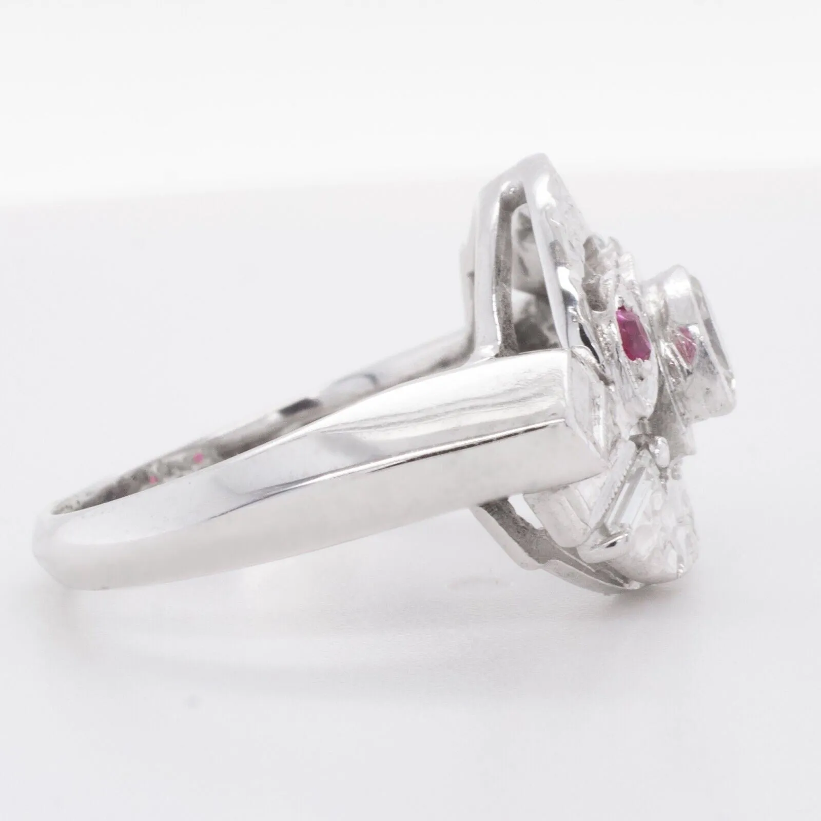 14k White Gold Marquise & Baguette 0.18ctw Diamond & 0.08ctw Ruby Swirl Ring