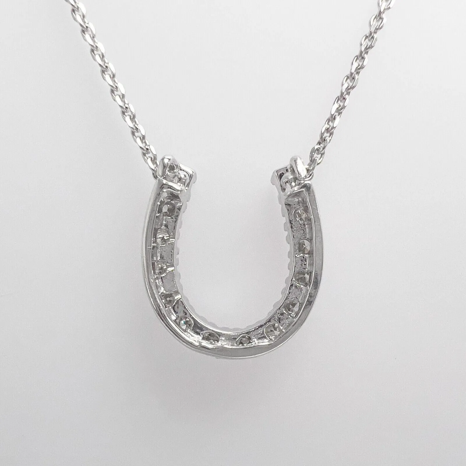 14k White Gold Single Cut Diamond Horseshoe Pendant Necklace 17.5" 0.20ctw