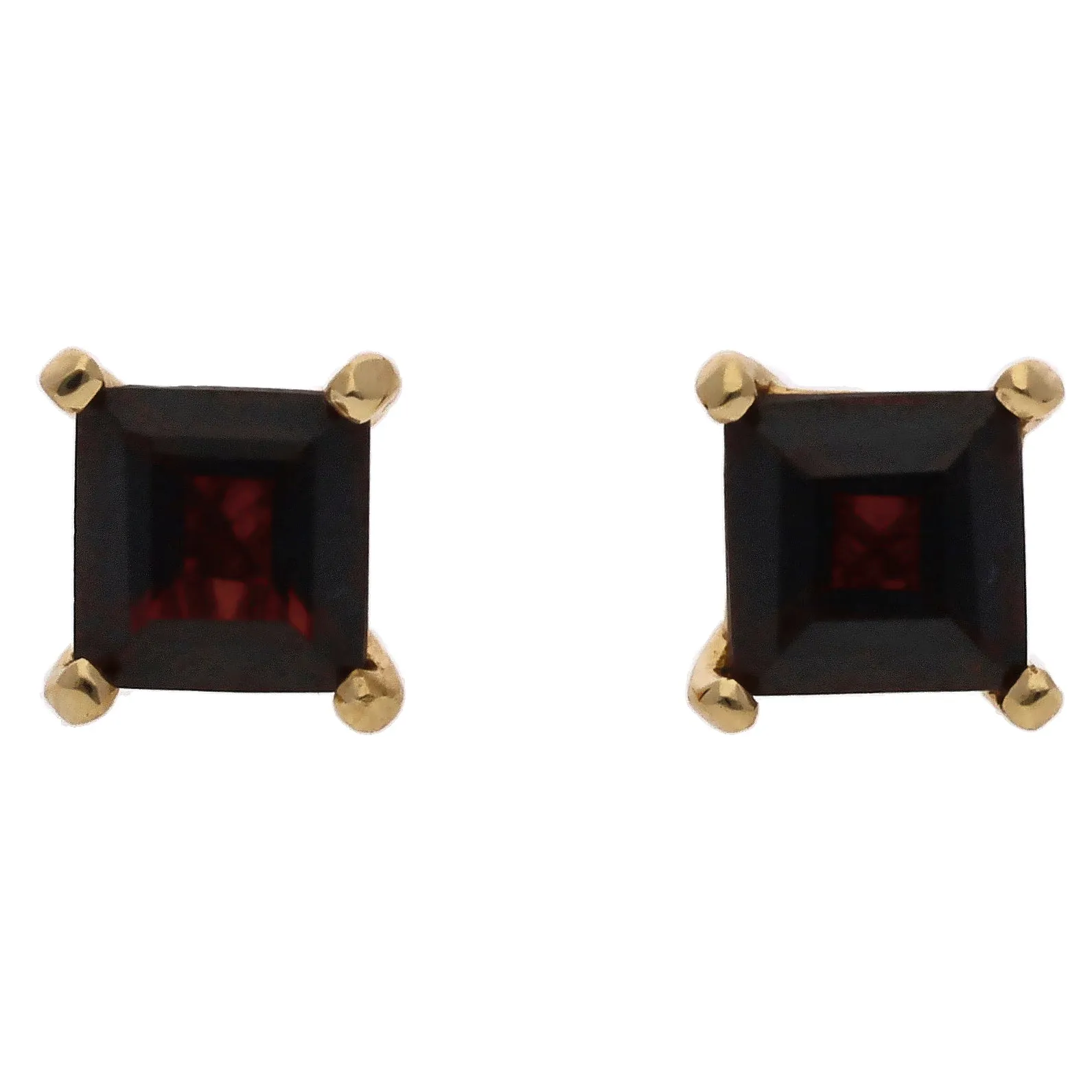 14K Yellow Gold Square Cut Garnet Stud Earrings