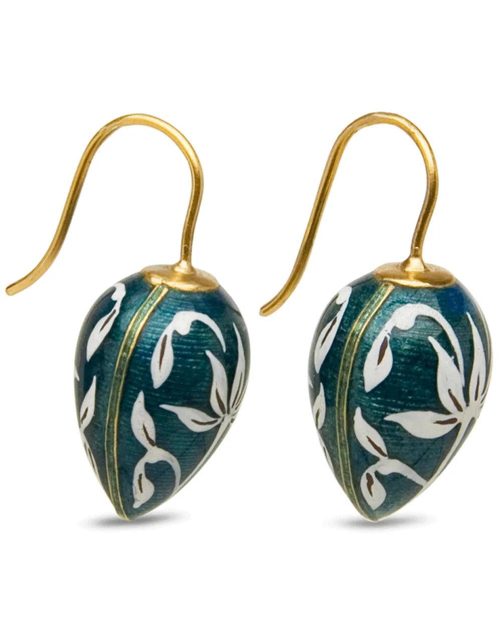 22k Teal Enamel Drop Earrings with White Flower