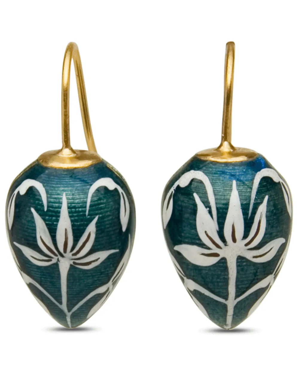 22k Teal Enamel Drop Earrings with White Flower