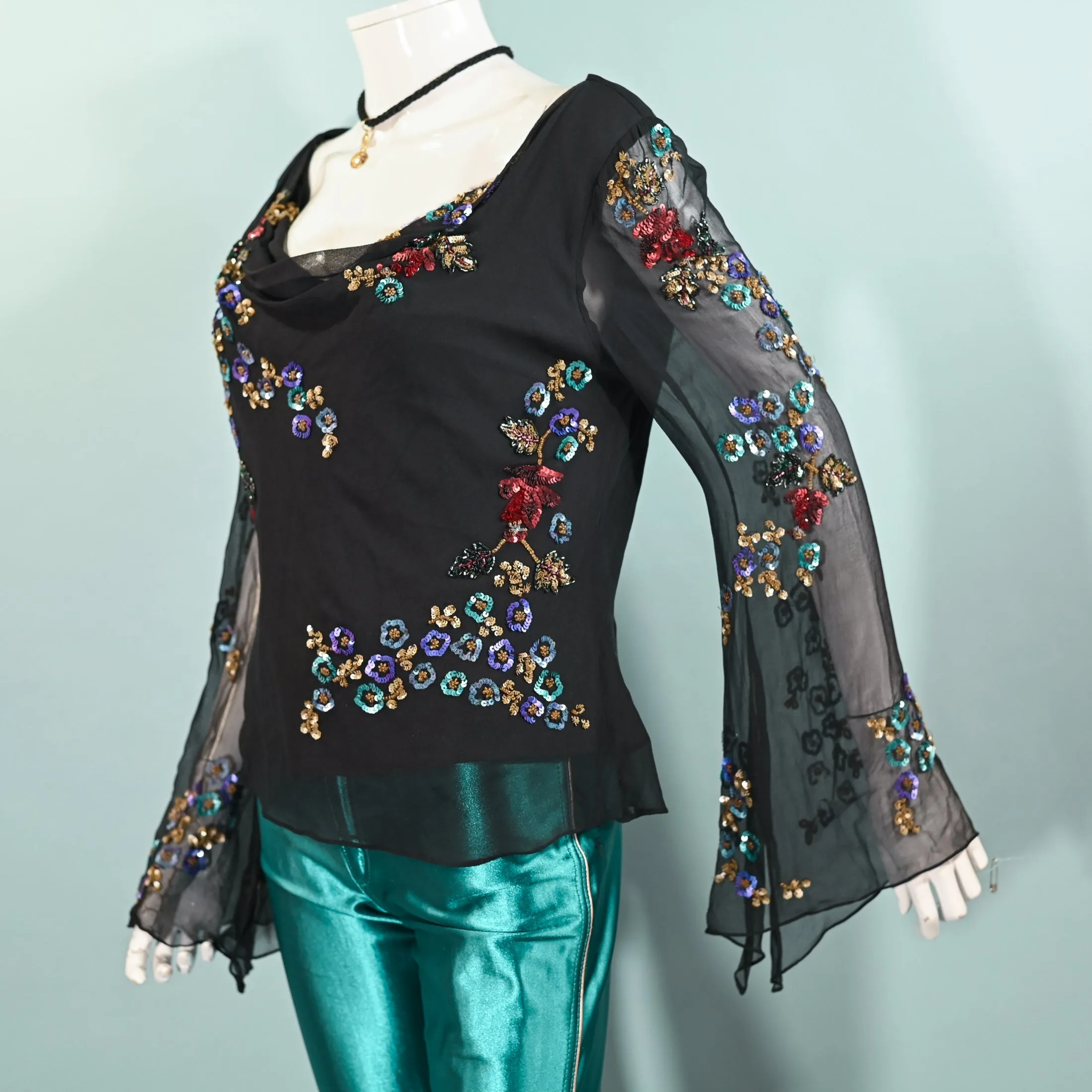 90s Black Angel Sleeve Silk Blouse, Y2K Sequin Flowers Boho Party Top