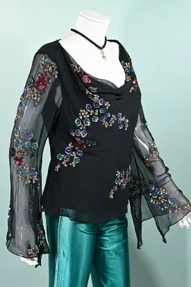 90s Black Angel Sleeve Silk Blouse, Y2K Sequin Flowers Boho Party Top