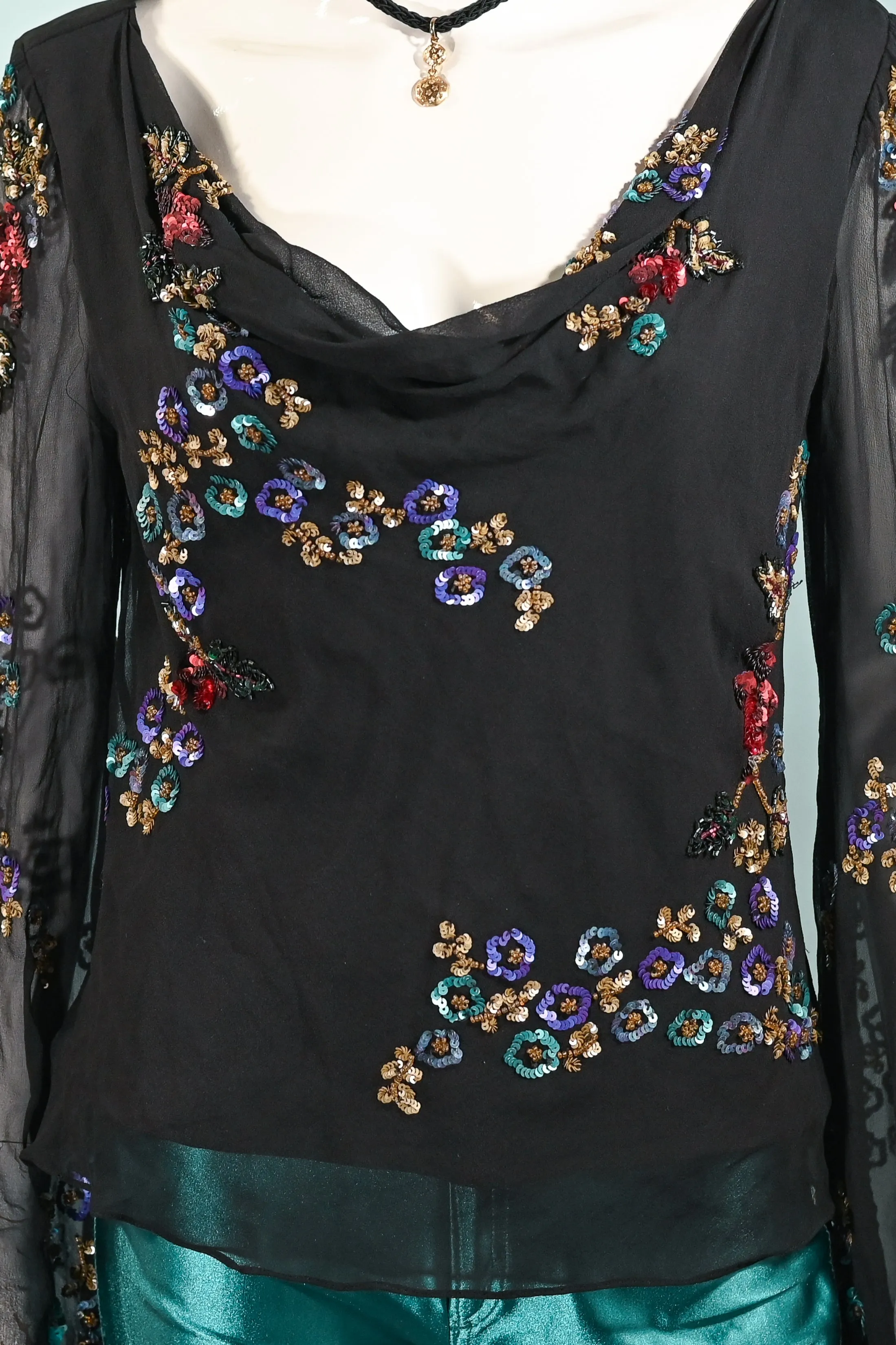 90s Black Angel Sleeve Silk Blouse, Y2K Sequin Flowers Boho Party Top