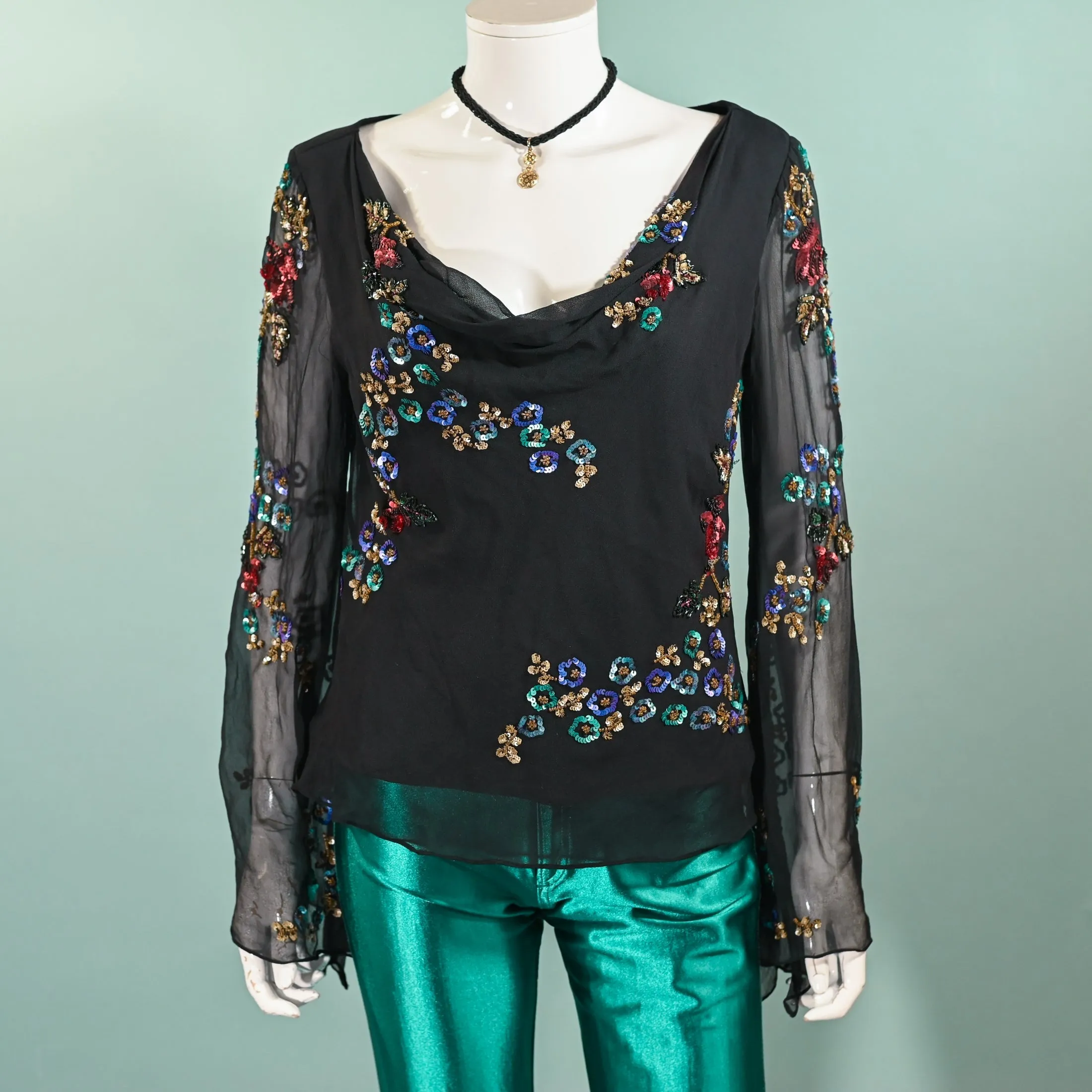 90s Black Angel Sleeve Silk Blouse, Y2K Sequin Flowers Boho Party Top