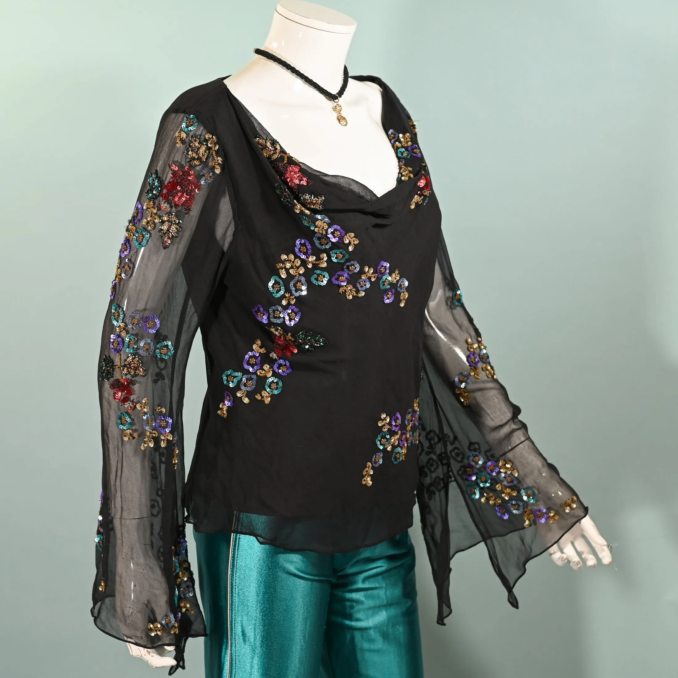 90s Black Angel Sleeve Silk Blouse, Y2K Sequin Flowers Boho Party Top