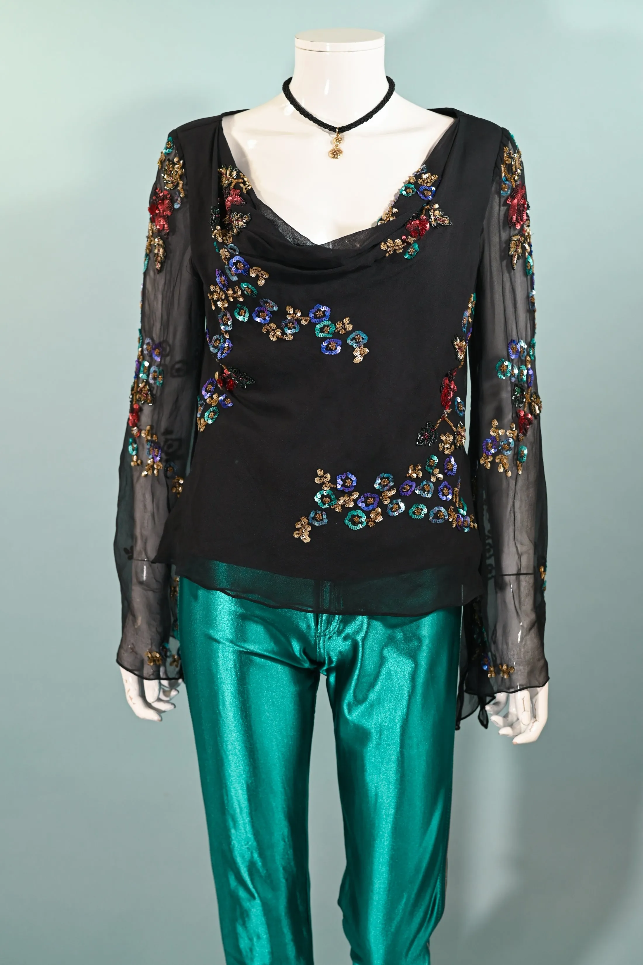 90s Black Angel Sleeve Silk Blouse, Y2K Sequin Flowers Boho Party Top