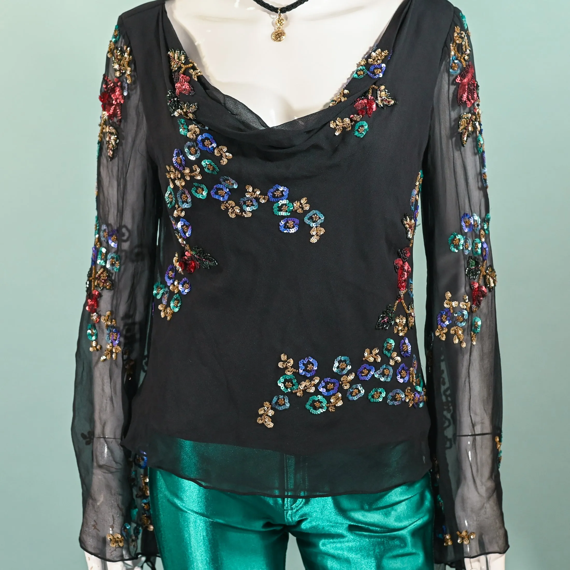 90s Black Angel Sleeve Silk Blouse, Y2K Sequin Flowers Boho Party Top