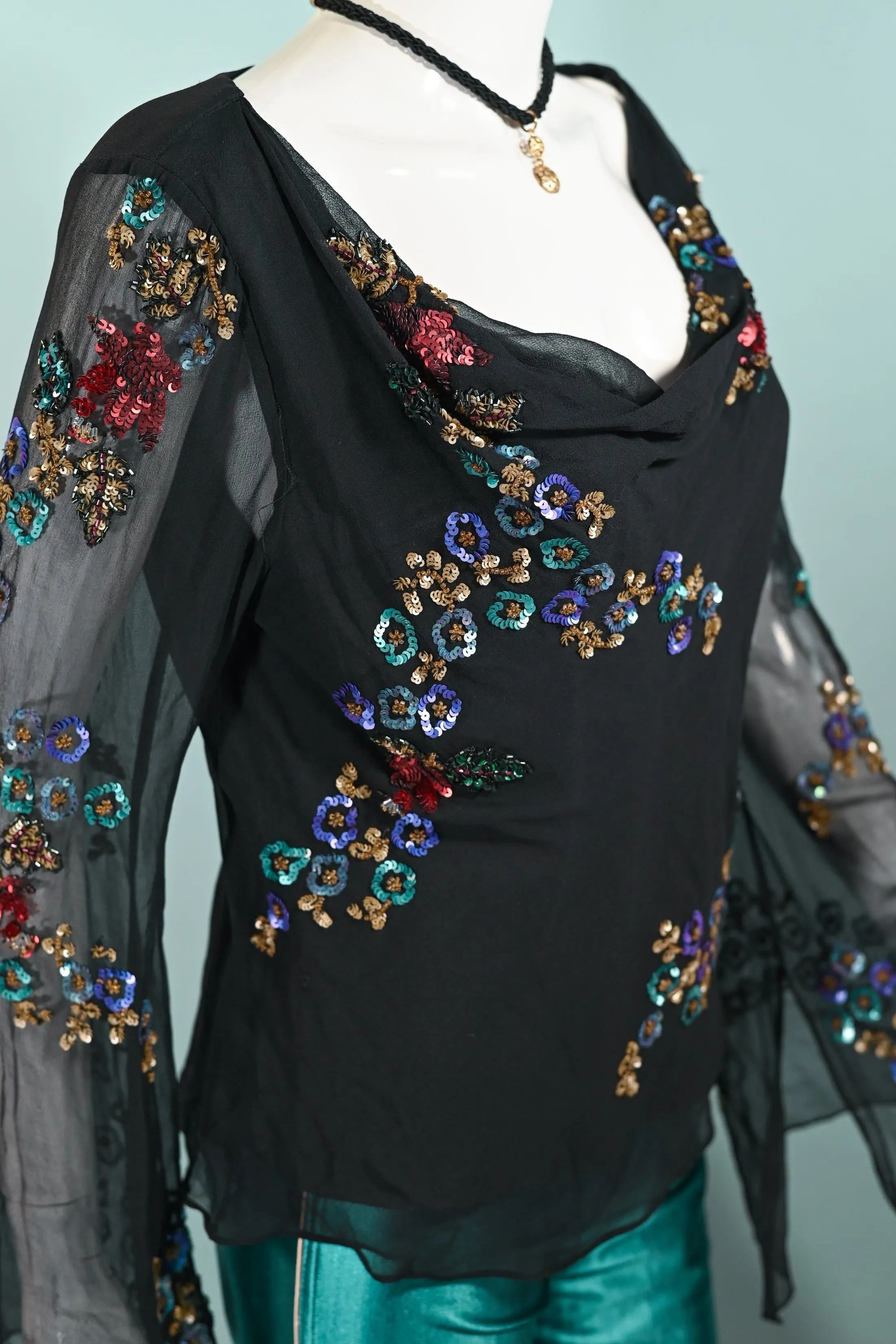 90s Black Angel Sleeve Silk Blouse, Y2K Sequin Flowers Boho Party Top