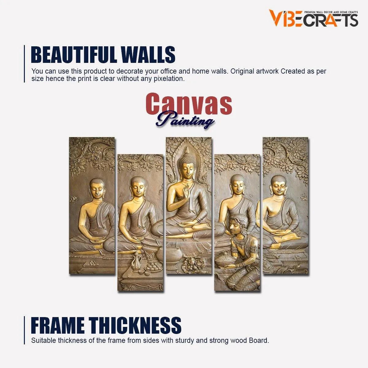 A Beautiful 5 Pieces Wall Painting of Lord Buddha in Temple