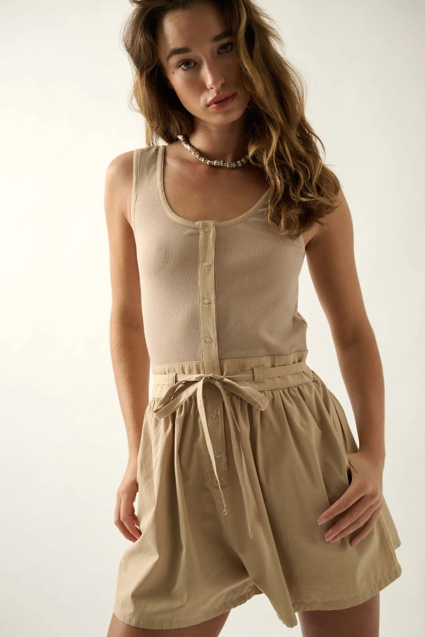 About Time Snap-Front Belted Tank Romper