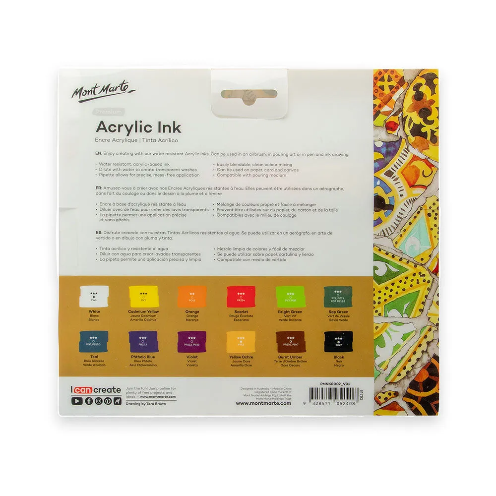 Acrylic Ink Premium 12pc x 20ml (0.7 US fl.oz)