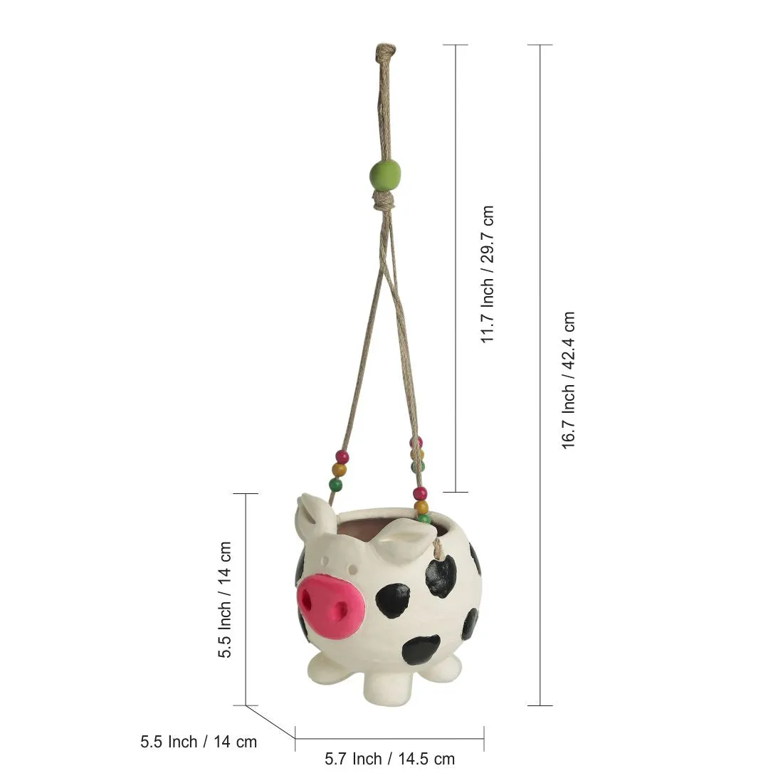 'Aerial Piggy' Handmade & Handpainted Terracotta Hanging Planter Pot (5.5 Inch)