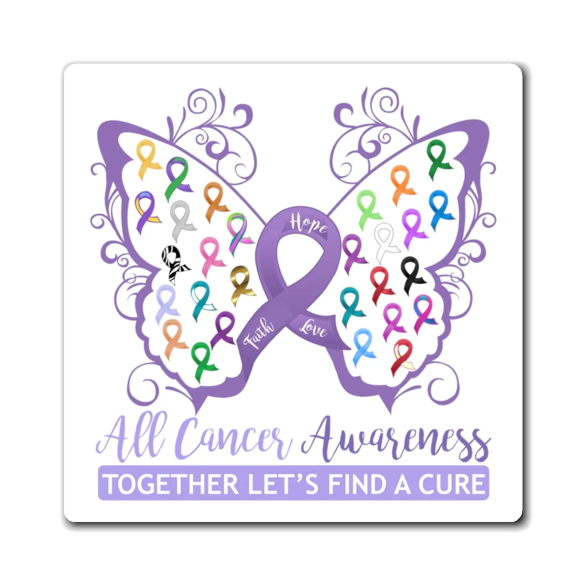 All Cancer Awareness Filigree Butterfly Magnet (White Background) (3 Sizes Available)