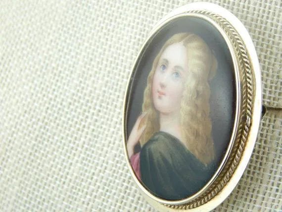 Antique Painted Portrait Cameo Gold Brooch Pendant