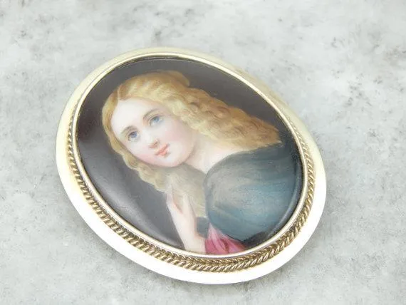 Antique Painted Portrait Cameo Gold Brooch Pendant