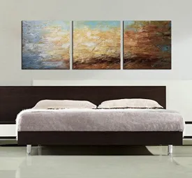 ARTLAND MODERN 100% HAND PAINTED FRAMED ABSTRACT OIL PAINTING "PEACEFUL LAKE" 3-PIECE GALLERY-WRAPPED WALL ART ON CANVAS READY TO HANG FOR LIVING ROOMFOR WALL DECOR HOME DECORATION 20X60INCHES