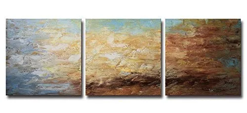 ARTLAND MODERN 100% HAND PAINTED FRAMED ABSTRACT OIL PAINTING "PEACEFUL LAKE" 3-PIECE GALLERY-WRAPPED WALL ART ON CANVAS READY TO HANG FOR LIVING ROOMFOR WALL DECOR HOME DECORATION 20X60INCHES