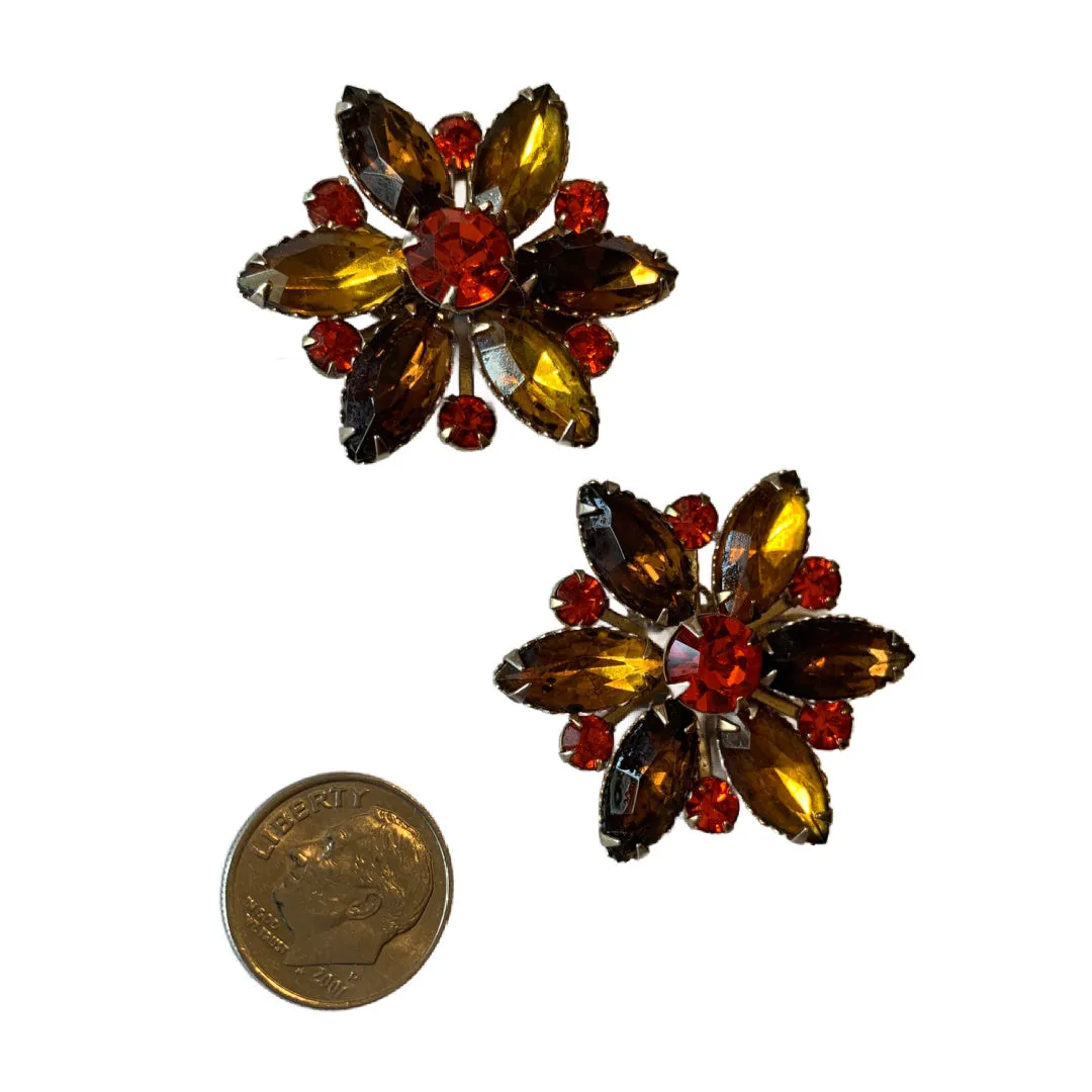 Autumn Hued Rhinestone Clip Earrings circa 1960s