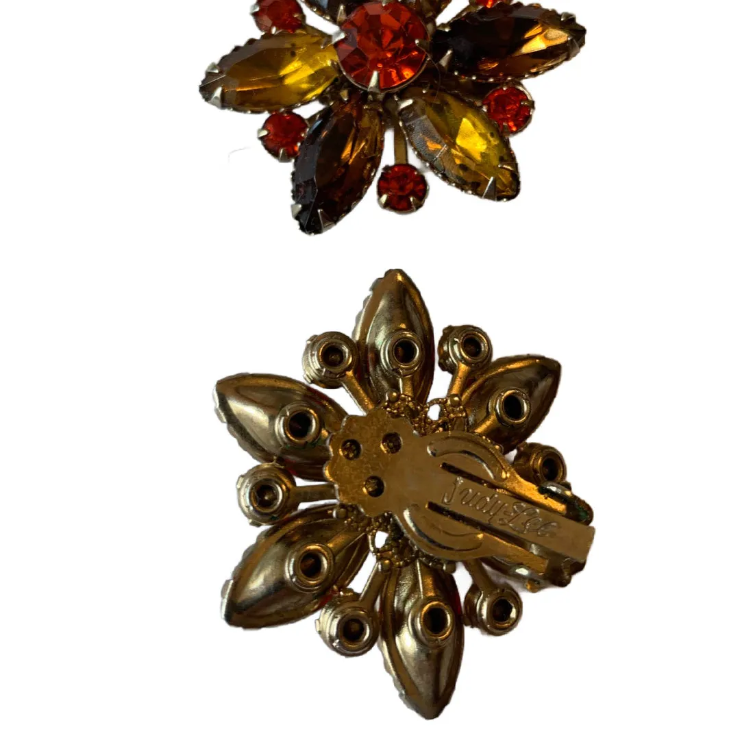 Autumn Hued Rhinestone Clip Earrings circa 1960s