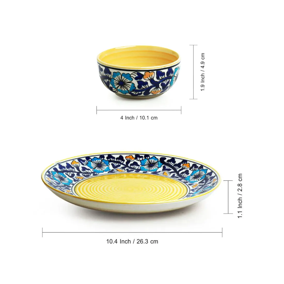 'Badamwari Bagheecha' Handpainted Ceramic Dinner Plates With Katoris (8 Pieces, Serving for 4, Microwave Safe)