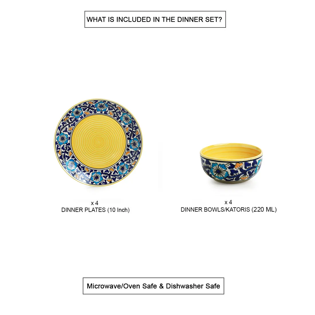 'Badamwari Bagheecha' Handpainted Ceramic Dinner Plates With Katoris (8 Pieces, Serving for 4, Microwave Safe)