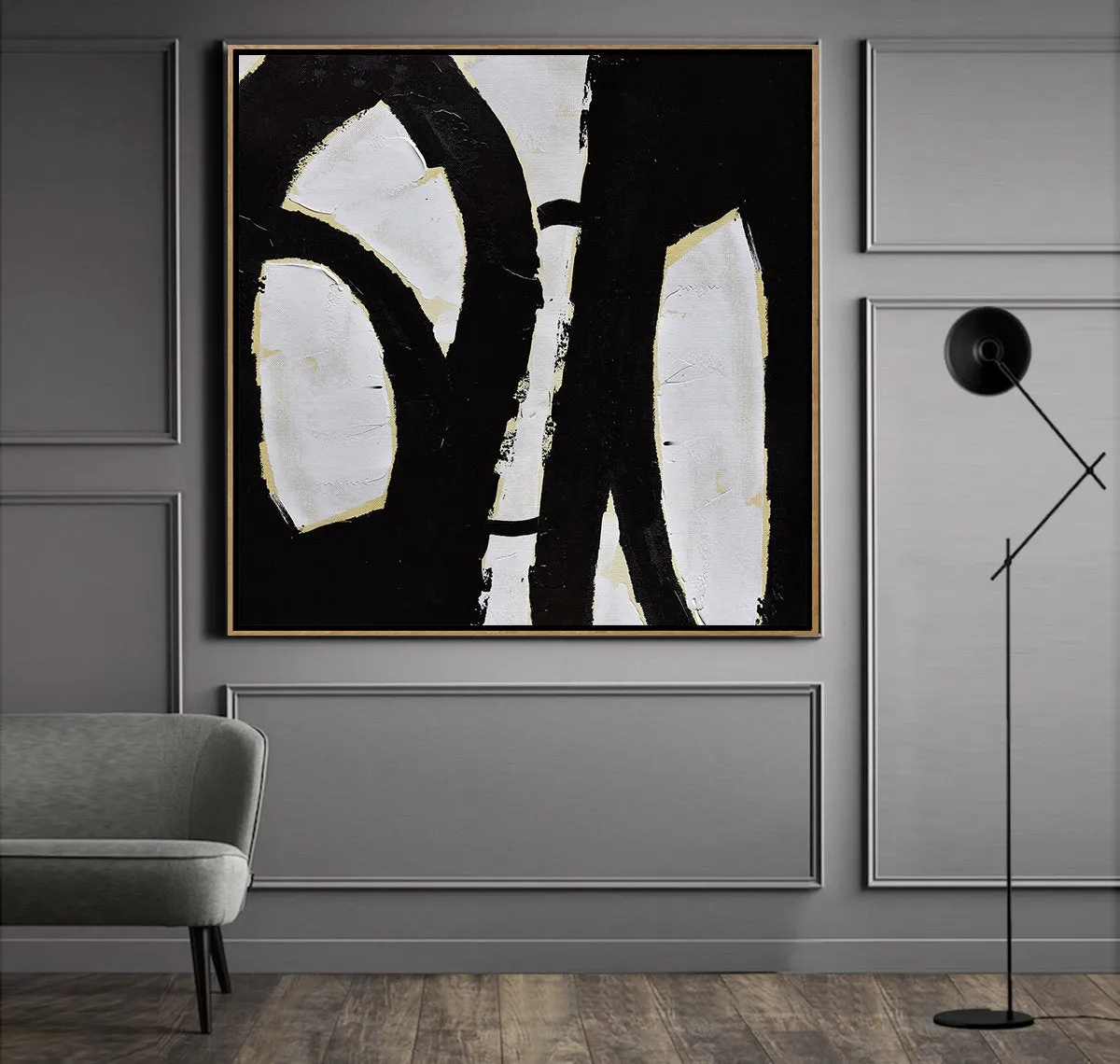 Black and White Abstract Painting Minimalist Art Modern Wall Art Decor Yp040