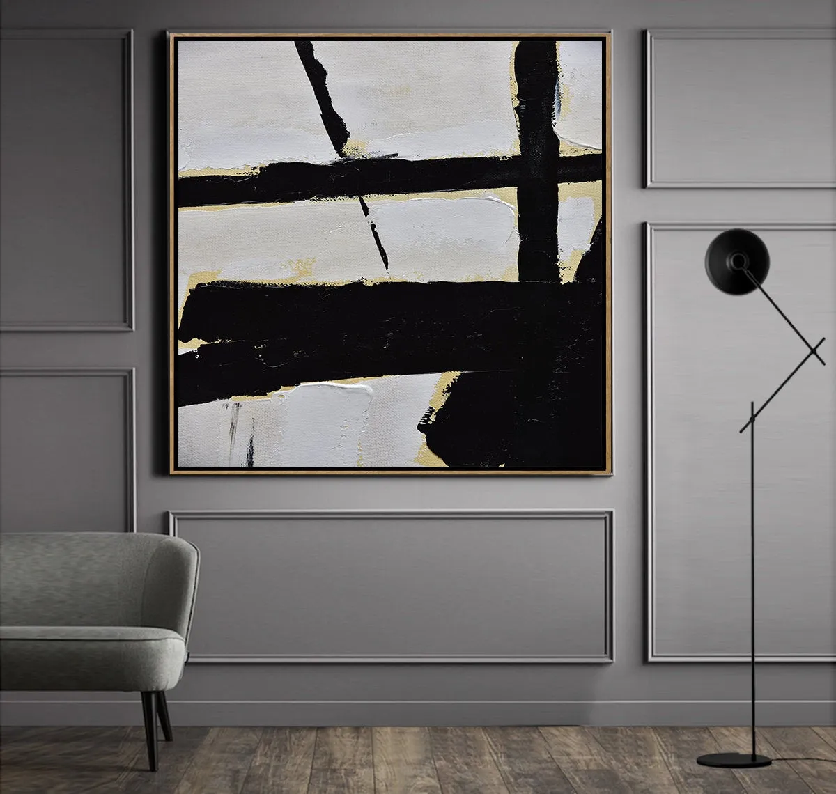 Black and White Abstract Painting Minimalist Art Modern Wall Art Decor Yp041