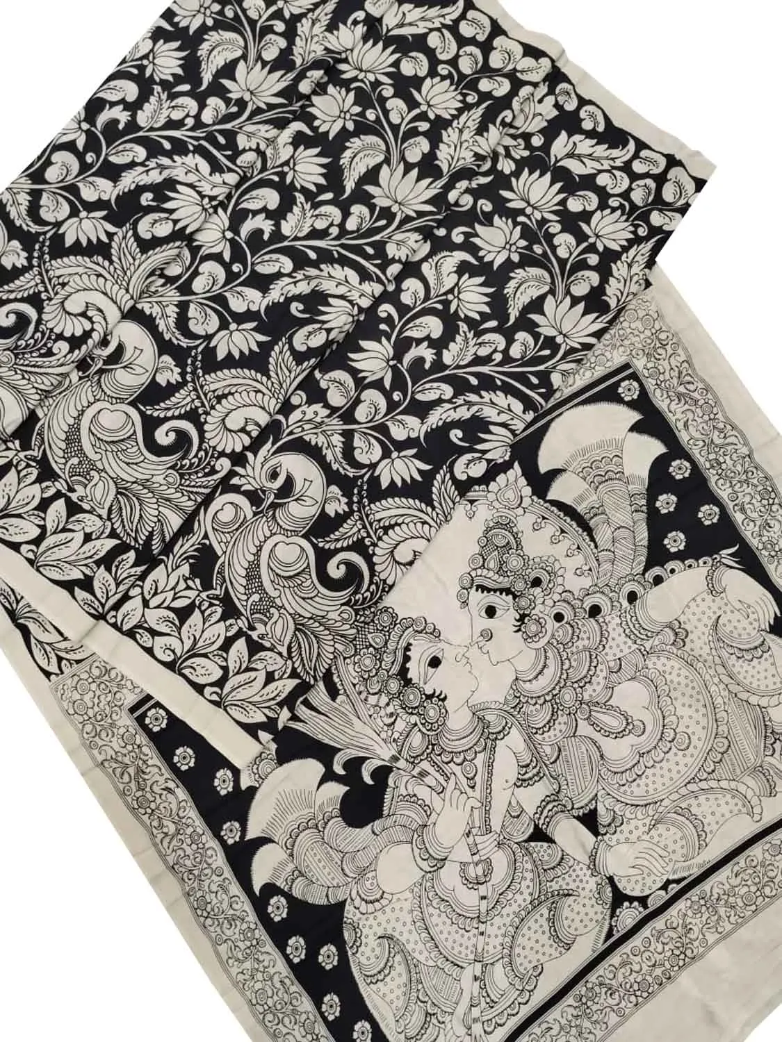 Black And White Kalamkari Hand Painted Bangalore Silk Saree