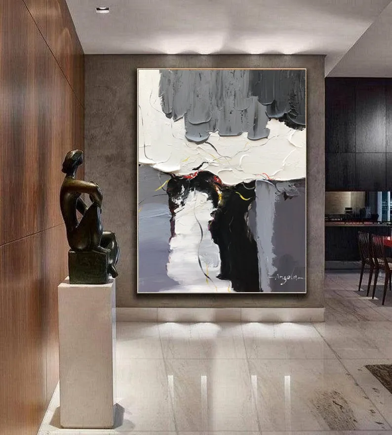 Black And White Wall Art Grey Abstract Painting for Living Room Kp106