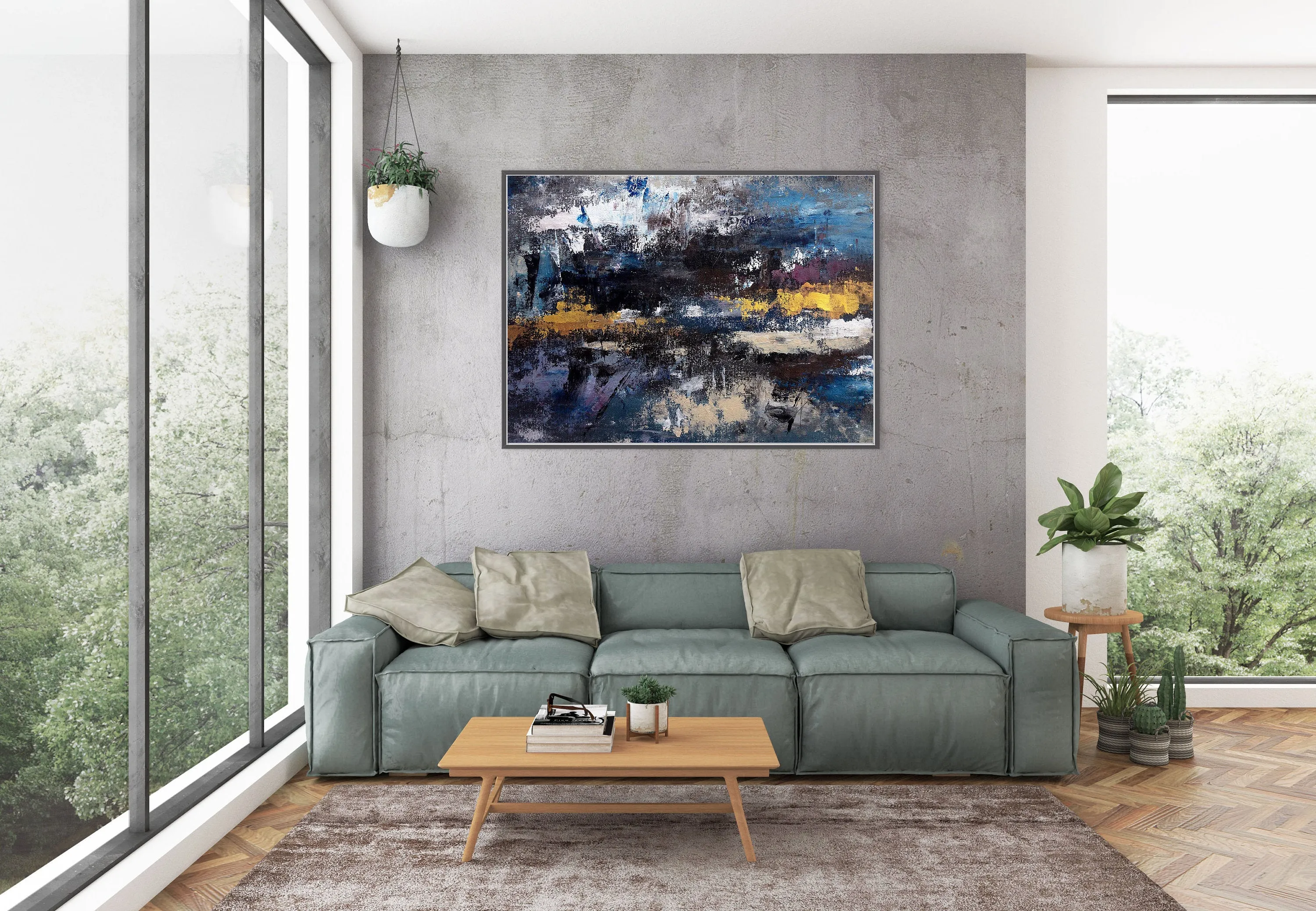 Black Blue Gold Abstract Wall Painting Living Room Wall Art Modern Decor Bp116