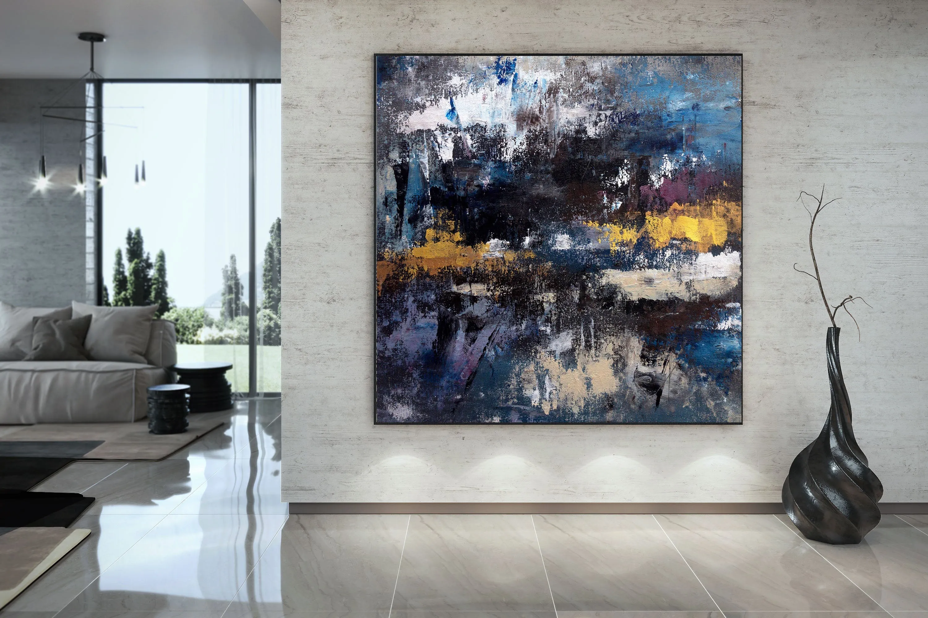 Black Blue Gold Abstract Wall Painting Living Room Wall Art Modern Decor Bp116