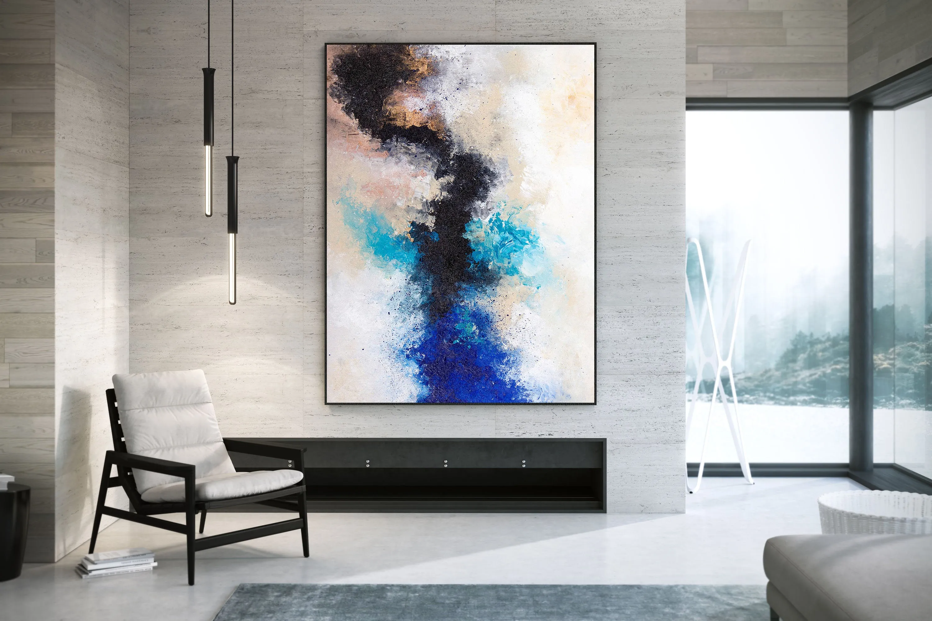 Black Blue White Abstract Painting Large Artwork Bp122