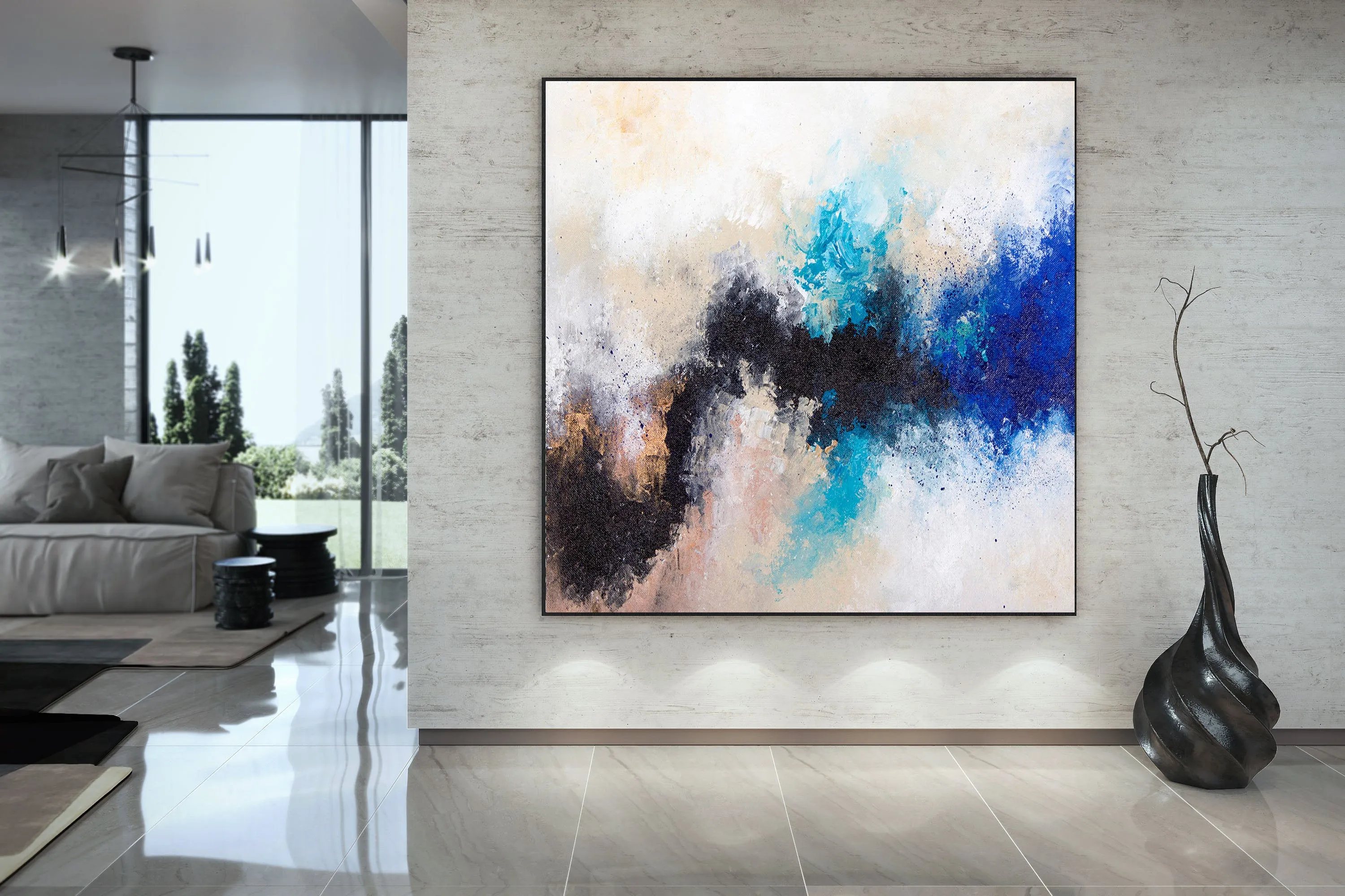 Black Blue White Abstract Painting Large Artwork Bp122