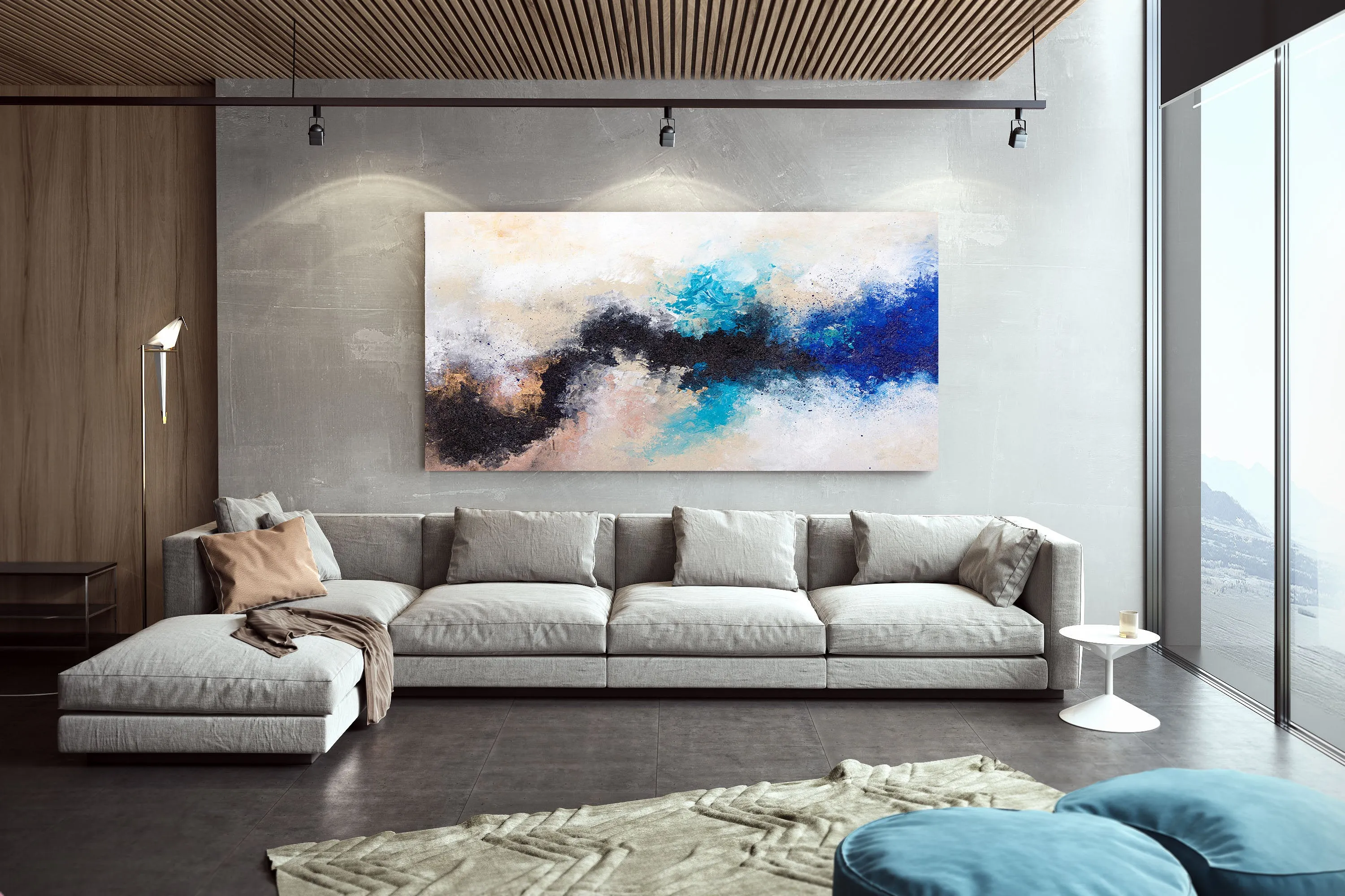 Black Blue White Abstract Painting Large Artwork Bp122