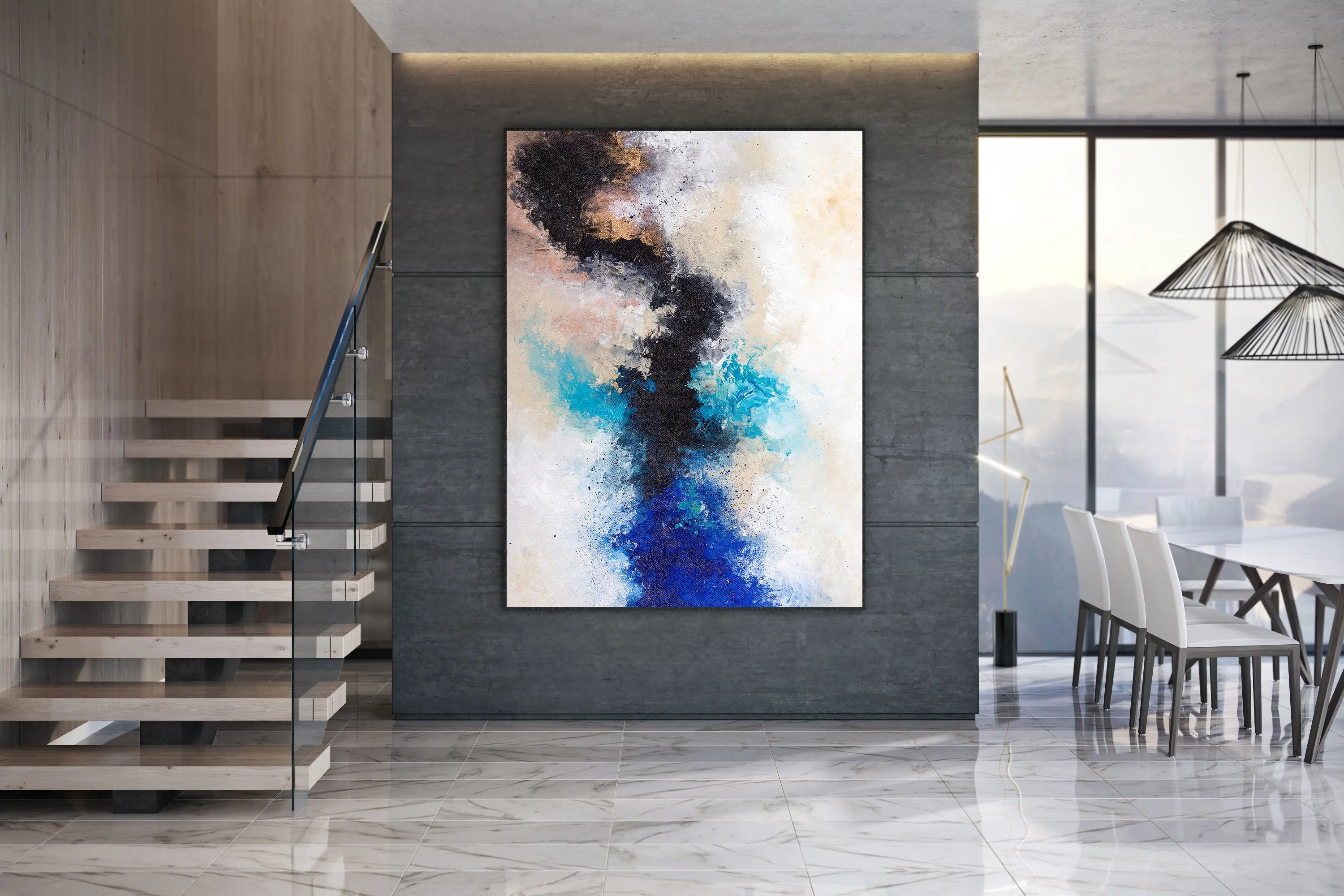 Black Blue White Abstract Painting Large Artwork Bp122