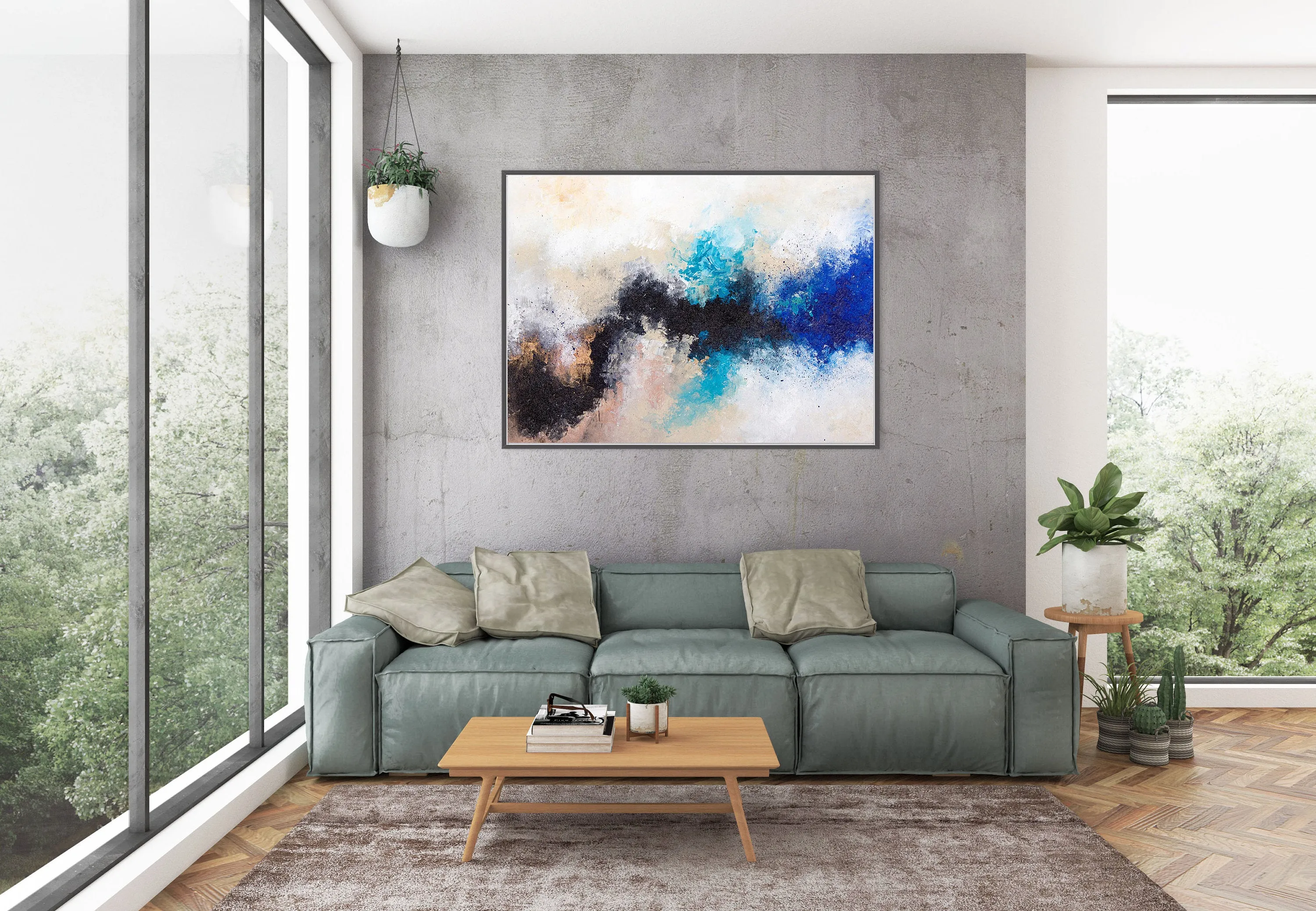 Black Blue White Abstract Painting Large Artwork Bp122