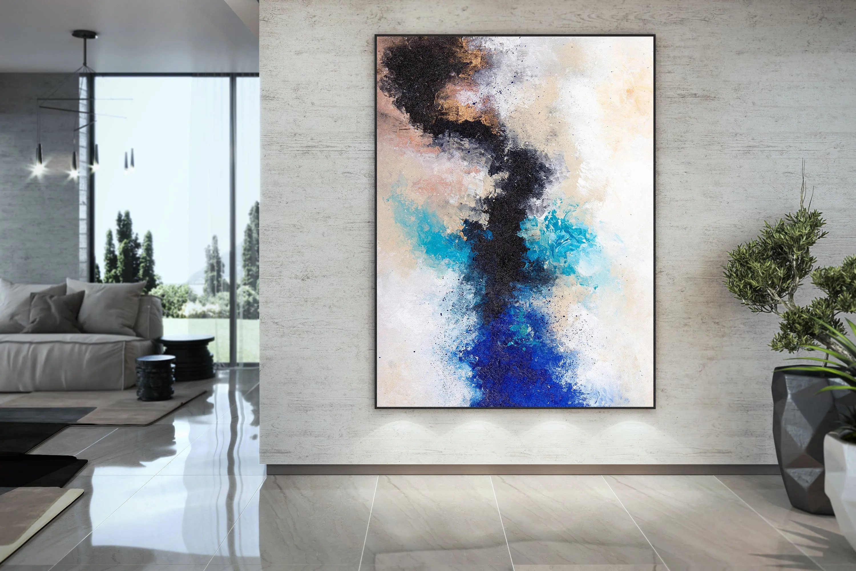 Black Blue White Abstract Painting Large Artwork Bp122