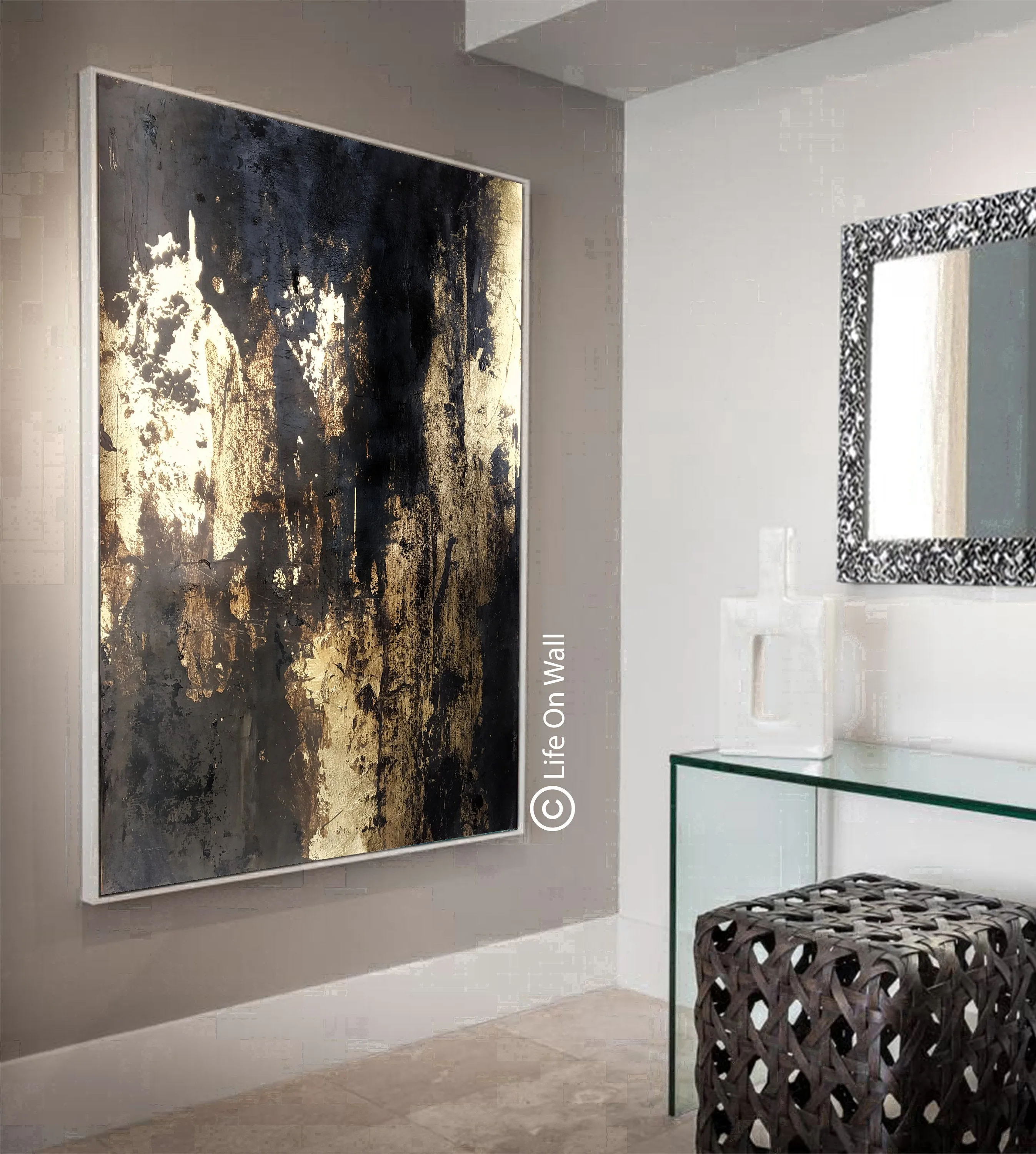 Black Gold Leaf Vertical Abstract Painting Living Room Bedroom Art Wp050