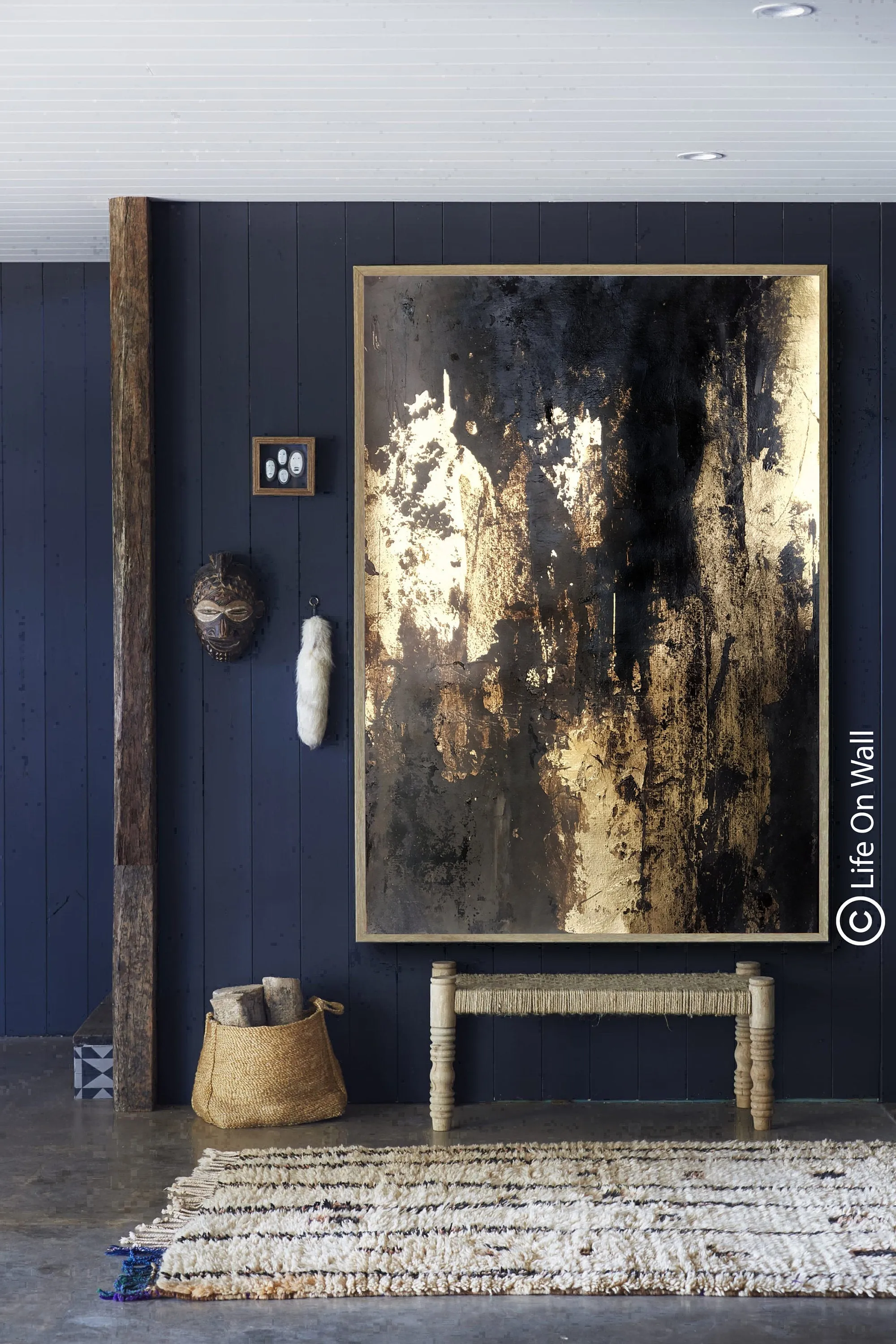 Black Gold Leaf Vertical Abstract Painting Living Room Bedroom Art Wp050