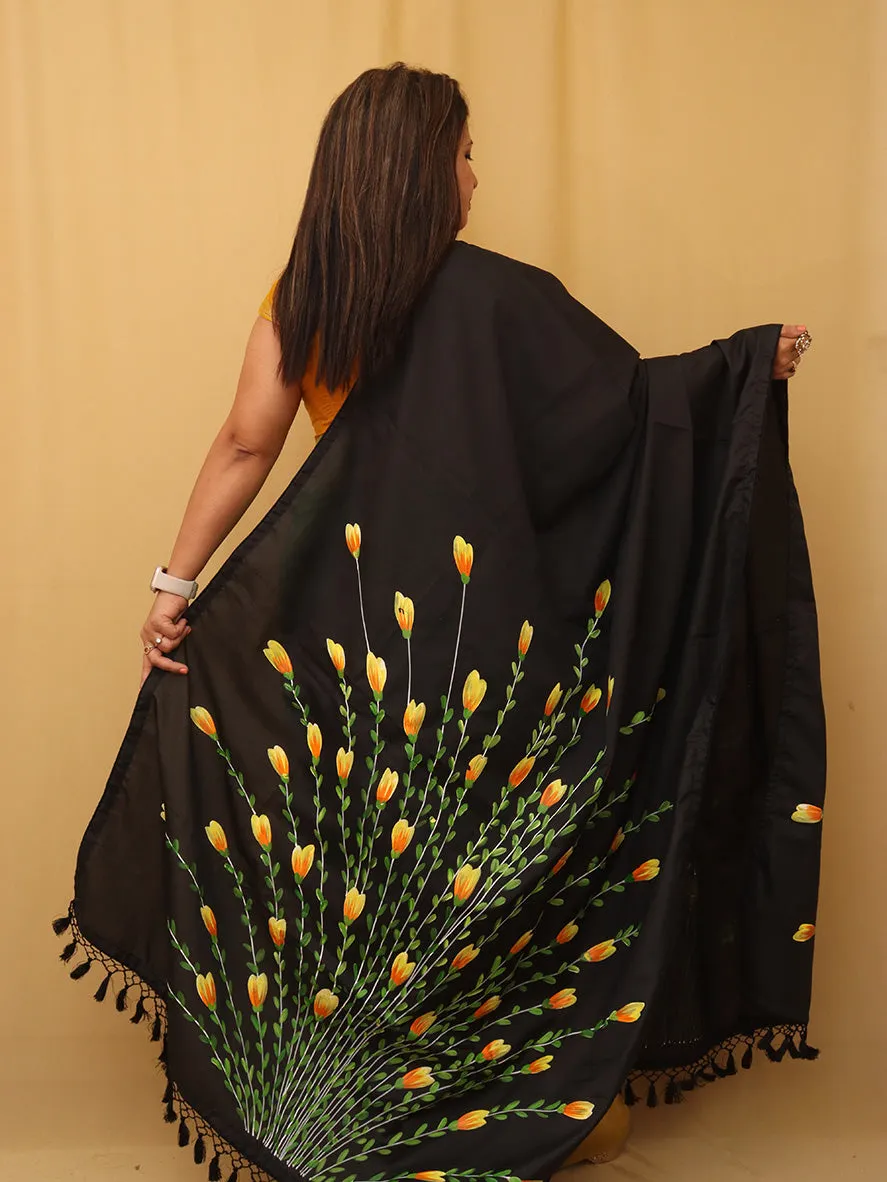 Black Hand Painted Recycled Fabric Dupatta