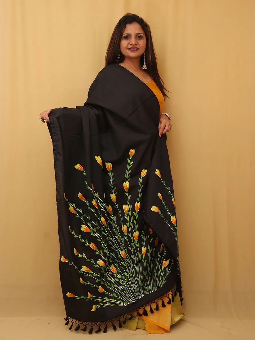 Black Hand Painted Recycled Fabric Dupatta