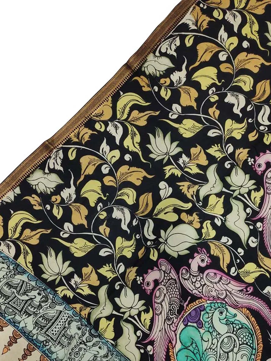 Black Kalamkari Hand Painted Pure Bangalore Silk Dupatta