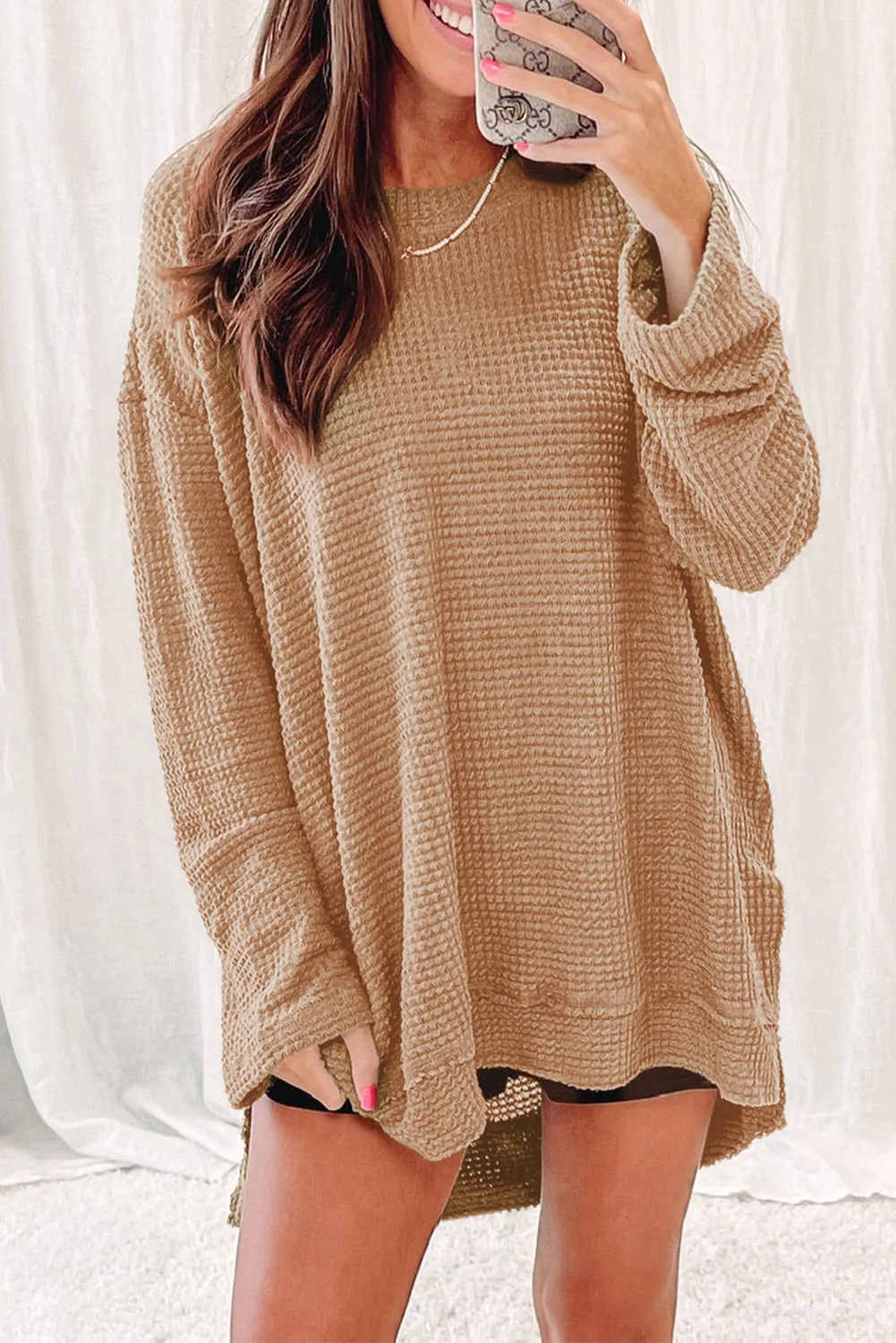 Black Waffle Knit High Slits Oversized Top